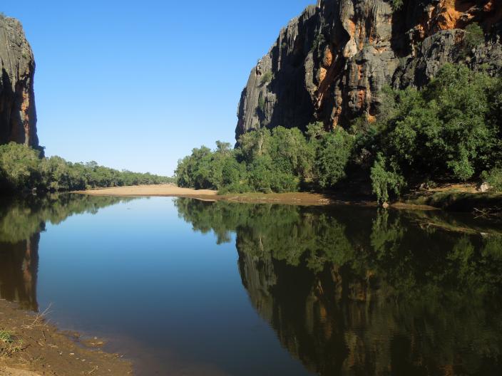 A gorge surrounded by trees and sandy beaches