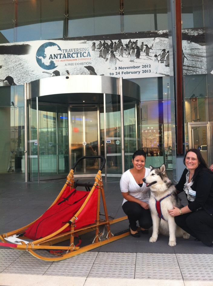 two women and a husky