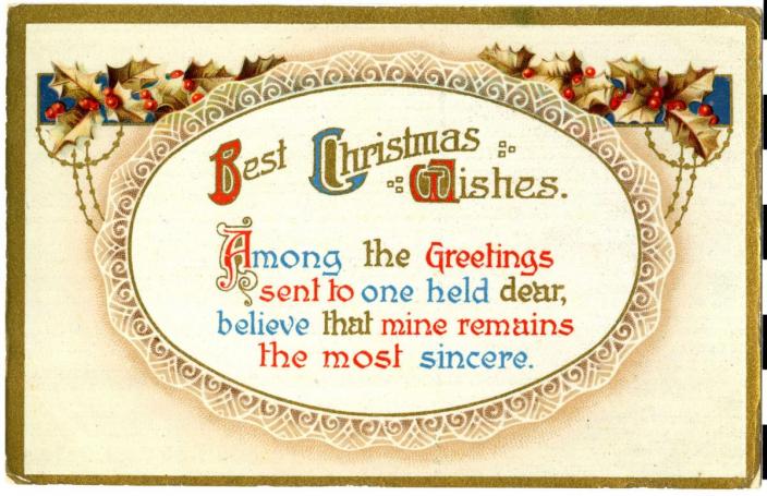 "Holly and gold border surrounds Christmas text."