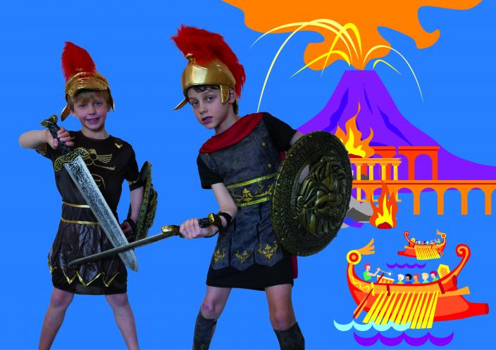 "Two children dressed as Roman soldiers."