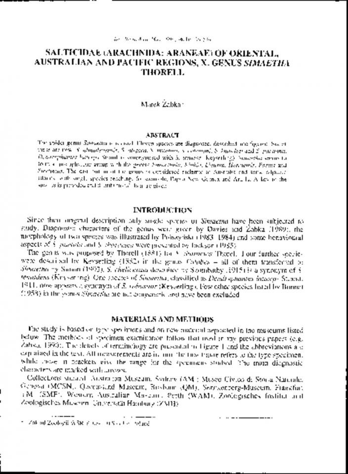 Salticidae Arachinida Araneae Of Oriental Australian And Pacific Regions X Genus Simaetha Thorell Western Australian Museum