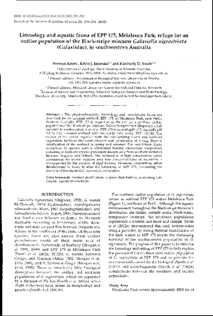 Limnology And Aquatic Fauna Of Epp 173 Melaleuca Park Refuge For An Outlier Population Of The Black Stripe Minnow Galaxiella Nigrostriata Galaxiidae In Southwestern Australia Western Australian Museum