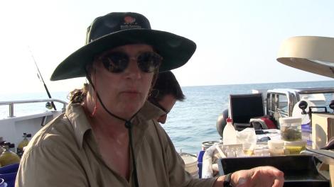 Lynda Avery on deck of the Kimberley Quest with sunglasses and hat on