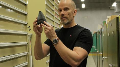 Dr Mikael Siversson holding an upper jaw tooth of a megalodon, 13.5cm tall