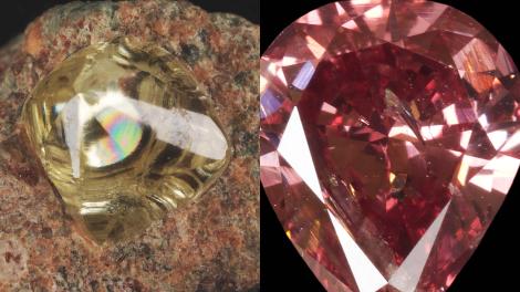 A yellow diamond and pink diamond side-by-side.