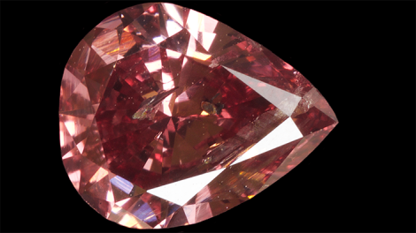 A pear-shaped pink diamond, weighing 0.58 carats, from the Argyle mine, east Kimberley, Western Australia.
