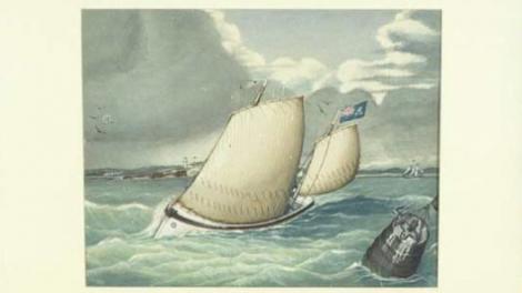 An artwork of two boats sailing in the ocean