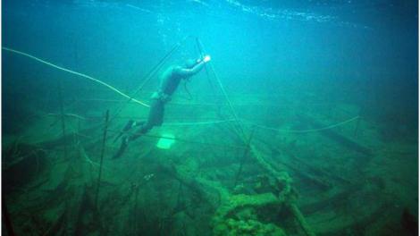 Underwater photograph of the James Matthews during archaeological excavations, 1976