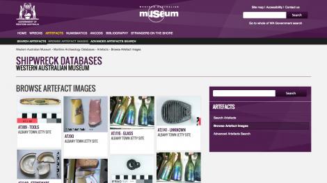 Screen grab of the shipwrecks artefacts database website