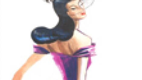 A drawing of Dita Von Tesse wearing a purple wedding dress 