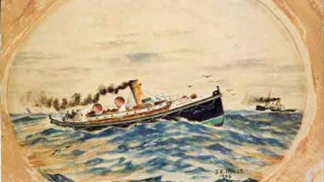 Artwork of the pilot boat Lady Forrest in high seas with a tug off the bow