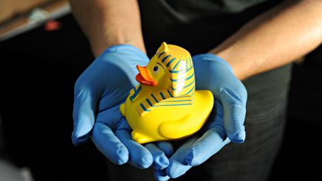 A rubber duck with sphinx headdress