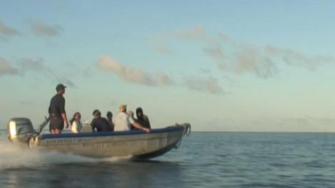 A speedboat heading towards an island