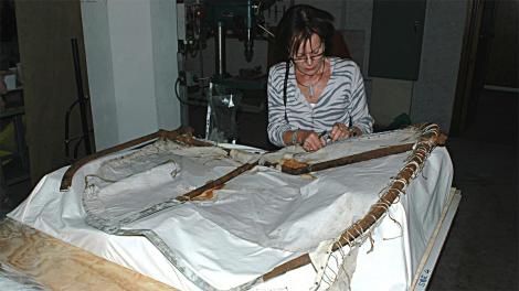 Ulli Broeze-Hoernemann working on the tail section of Mawson’s air tractor