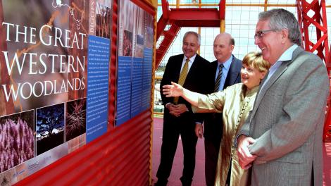 A group of people being shown a wall-display for an exhibition