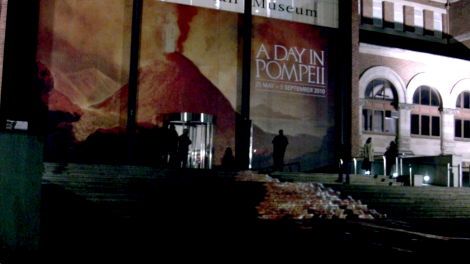 A projection of lava on the steps of the museum