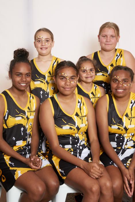 Potrait of Cuballing Netball Team: Alysha, Kayleigh, Rosie, Kaysha, Colleen and Ashanti