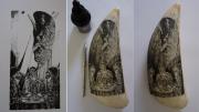 The process of creating an art piece on a whale tooth from paper image to finished product