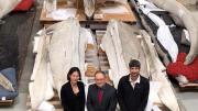 People standing in a group in front of a blue whale skeleton