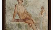 "A fresco showing a man in a loin cloth sat daintly upon a rock. In the distance is a figure staring at him."