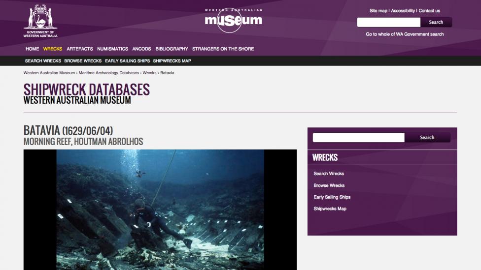 Screen grab of the Shipwrecks database website