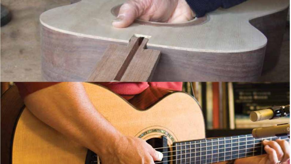 A guitar being manufactured and a guitar being played