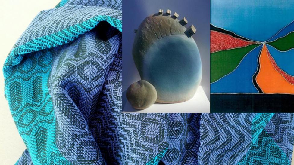 A composite image featuring the artworks of three artists: Simone Widmer, Len McKenna and Valerie Dickmann