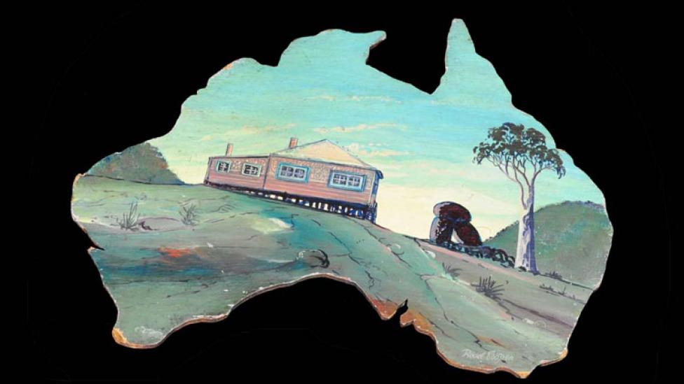 Revel Cooper painting of a cottage in the shape of Australia