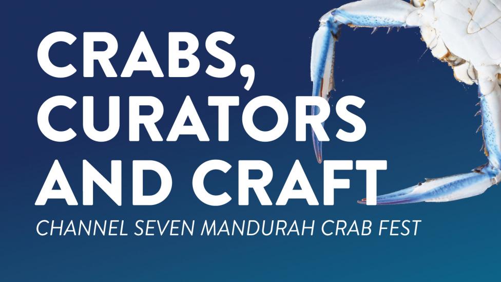 "Crabs, Curators and Craft is written over a photo of a Blue Swimmer Crab."