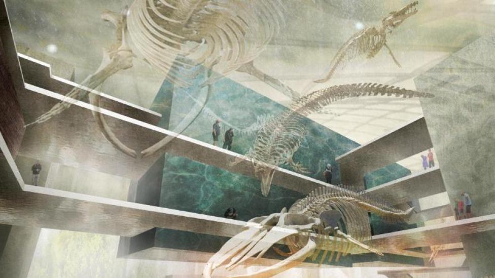 Artist's concept of internal space incorporating a blue whale skeleton