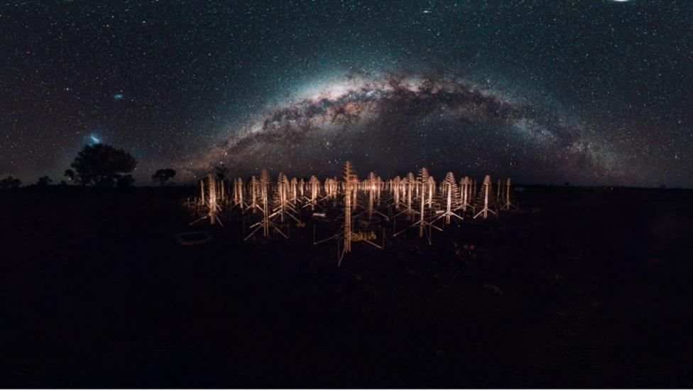 The Milky Way over prototype antennas for the SKA at Inyarrimanha Ilgari Bundara, the CSIRO Murchison Radio-astronomy Observatory. We acknowledge the Wajarri Yamaji as the traditional owners of the Observatory site.