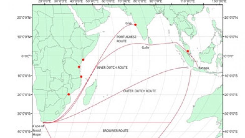 A map depicting shipping routes through the Indian Ocean in 16th and 17th century