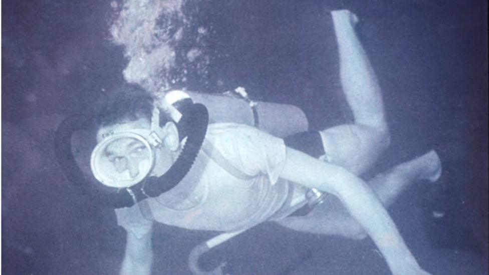 PB learning to dive, London Polytechnic, 1964