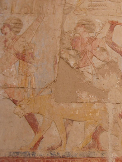 Military men with a leopard on a lead, south colonnade, Hatshepsut's temple, Deir el Bahari, 18th Dynasty